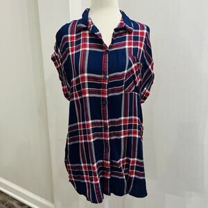 Allison Joy Women’s Short Sleeve Plaid Button Up Flannel M Red Blue (A0128)